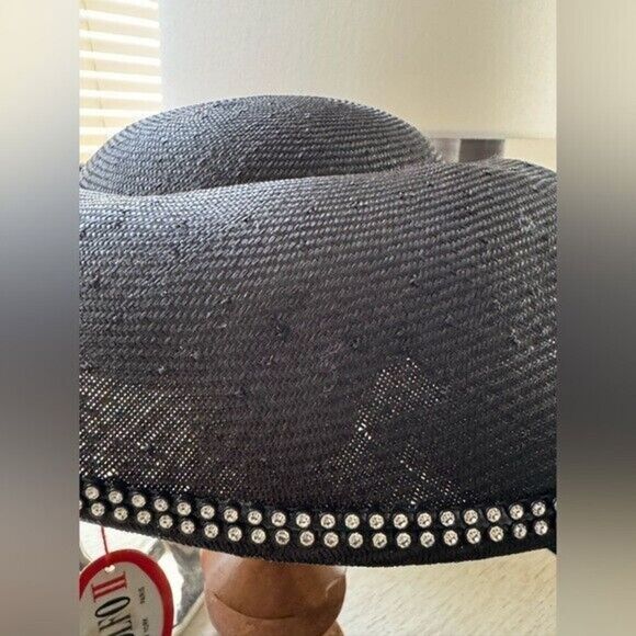 VTG NWT Adolfo II Black Straw Rhinestone Trim Hat - Picture 4 of 13